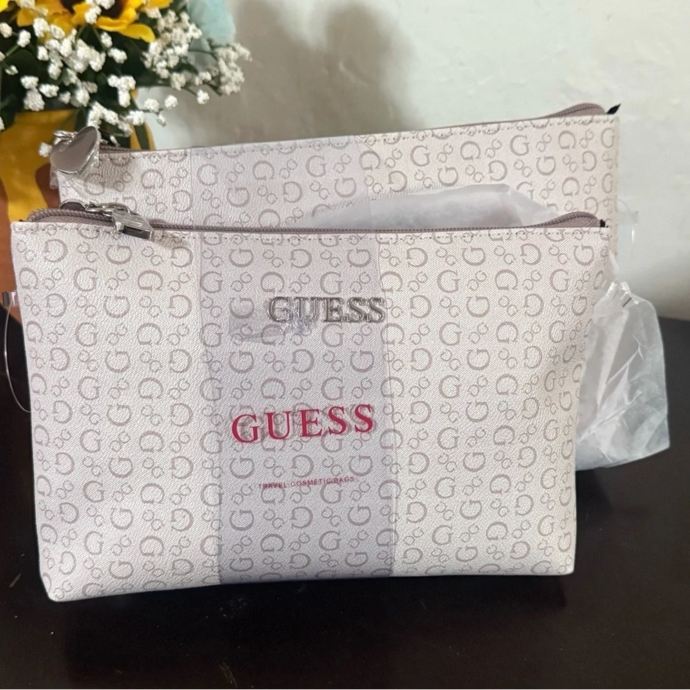 GUESS White and Light Gray Cosmetic Pouch with Red Logo